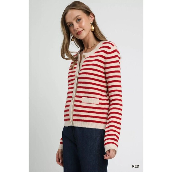 Umgee Striped Knit Button-Up Cardigan Womens Size S-M-L-XL - Picture 2 of 5